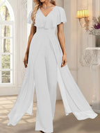 Vestido de noche de gasa con escote en V y largo hasta el suelo, tipo mono/pantalón
