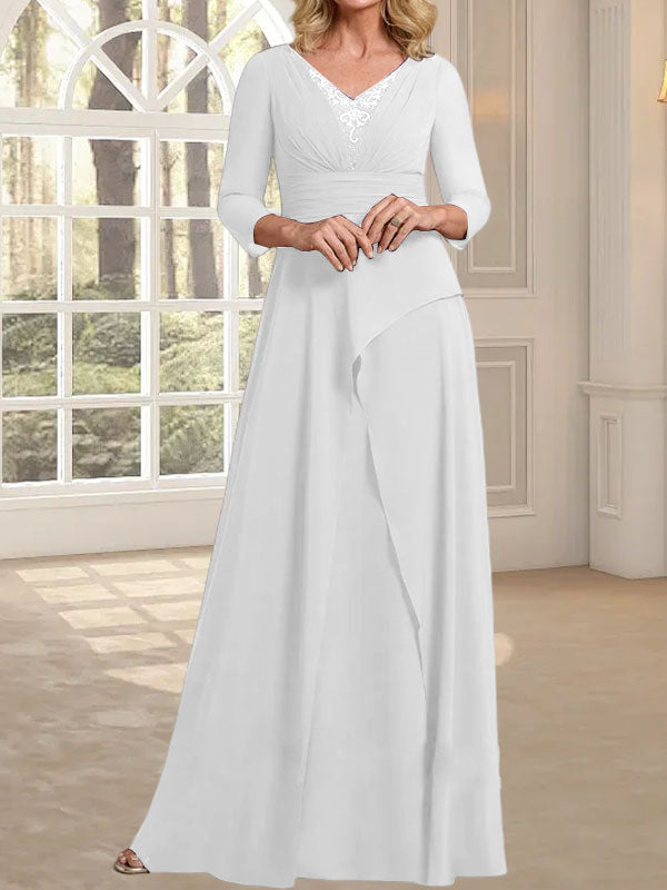 Vestido de gasa para madre de la novia con escote en V, largo hasta el suelo, con pliegues y cuentas