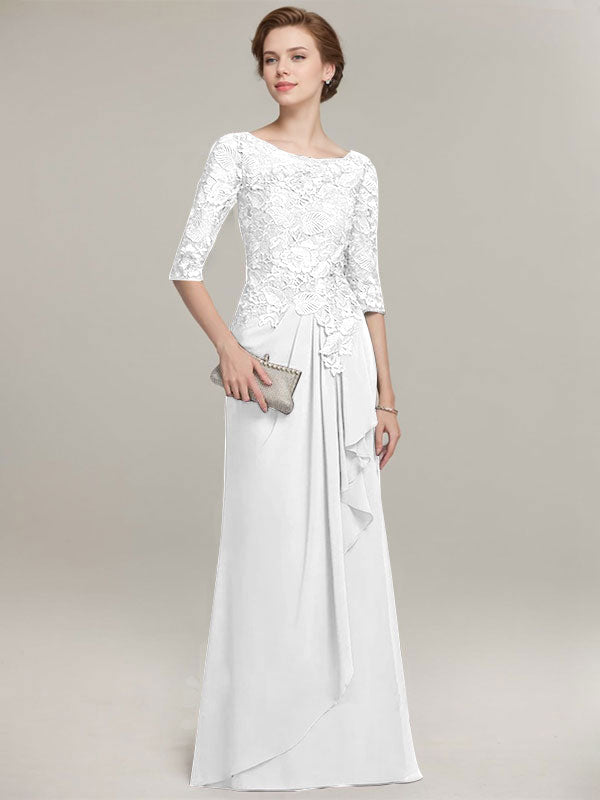 Vestido de gasa con encaje, corte A, escote ilusión, largo hasta el suelo, para madre de la novia con volantes en cascada