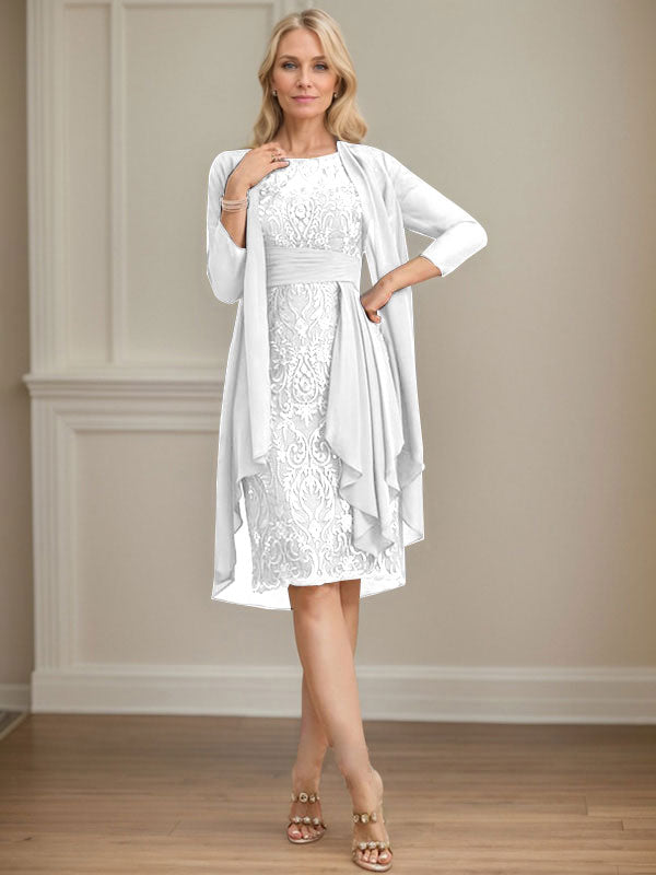 Vestido de madre de la novia de gasa con encaje, escote redondo, ilusión, largo hasta la rodilla, con volantes en cascada y lentejuelas