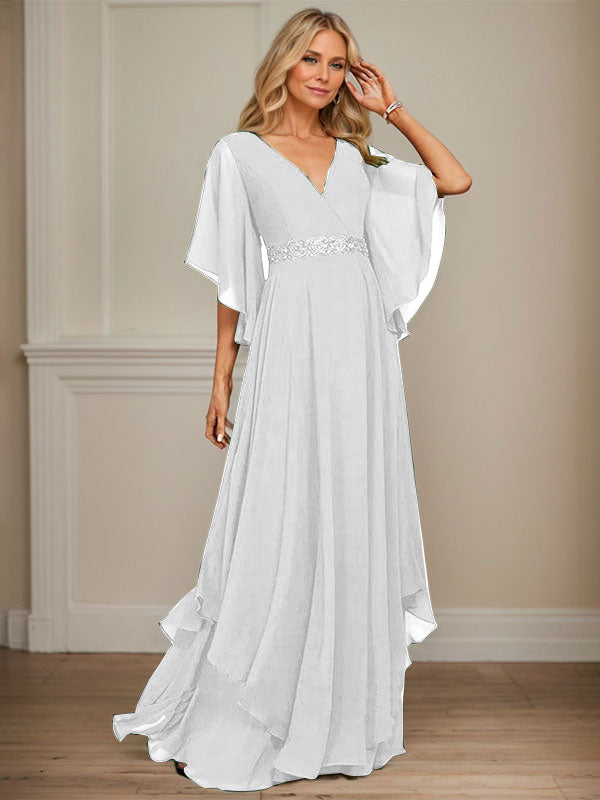 Vestido de gasa para madre de la novia, corte A, escote en V, largo hasta el suelo, con apliques de lentejuelas, encaje y abalorios