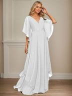 Vestido de gasa para madre de la novia, corte A, escote en V, largo hasta el suelo, con apliques de lentejuelas, encaje y abalorios