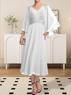 A-Linie V-Ausschnitt Wadenlanges Chiffon-Spitzenkleid für die Brautmutter mit Perlen und Pailletten