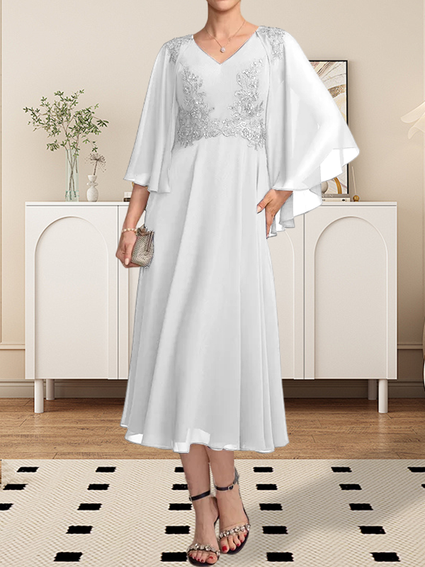 Vestido de gasa con encaje y escote en V para madre de la novia, largo hasta la rodilla, con lentejuelas y abalorios