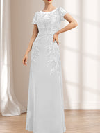 Vestido de madre de la novia de gasa con encaje, escote redondo, ilusión, largo hasta el suelo, con lentejuelas