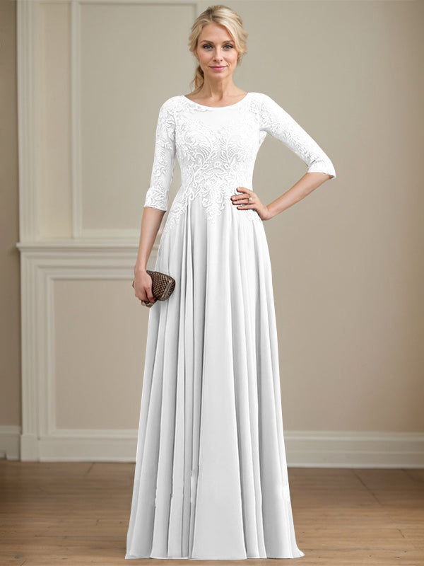 Vestido de gasa con encaje y lentejuelas para madre de la novia, corte A, escote ilusión, largo hasta el suelo