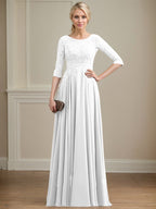 Vestido de gasa con encaje y lentejuelas para madre de la novia, corte A, escote ilusión, largo hasta el suelo