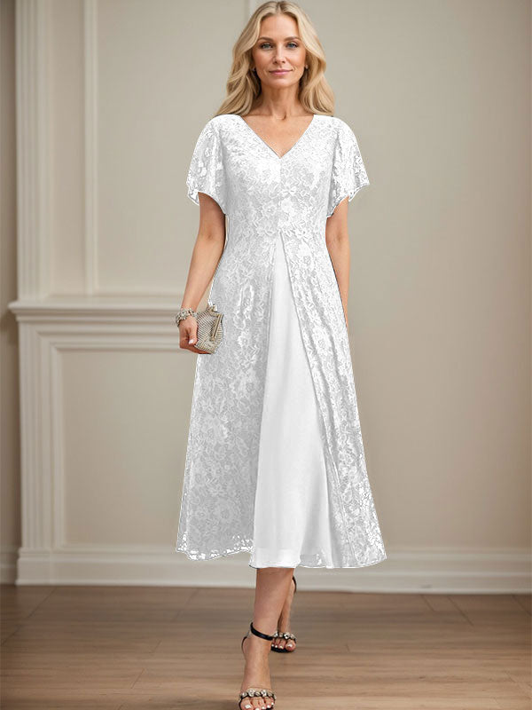 Vestido de gasa con encaje y escote en V para madre de la novia, largo hasta la rodilla