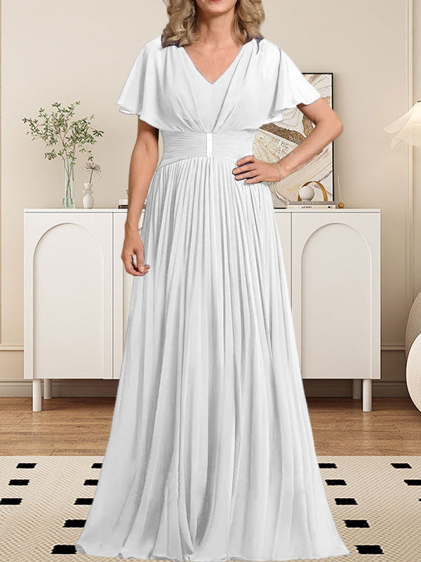 Vestido de gasa para madre de la novia, corte A, escote en V, largo hasta el suelo, con broche de cristal y plisado