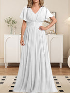 Vestido de gasa para madre de la novia, corte A, escote en V, largo hasta el suelo, con broche de cristal y plisado