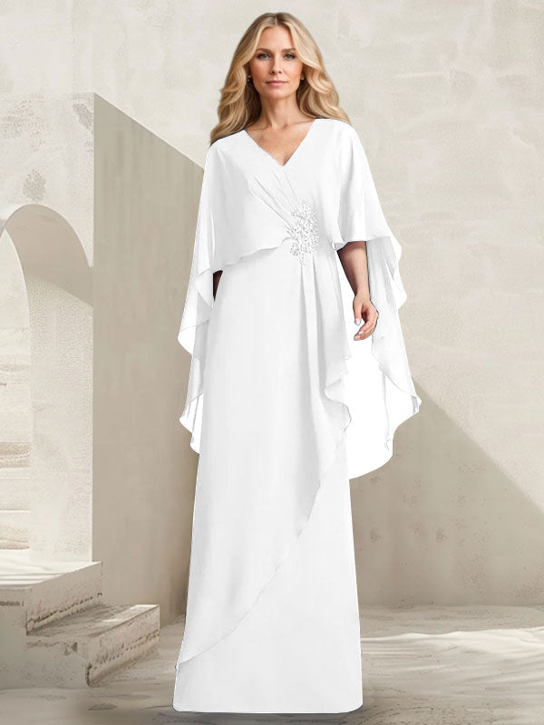 Vestido de gasa para madre de la novia con escote en V, corte A y largo hasta el suelo, con volantes en cascada y cuentas