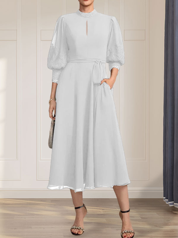 A-Linien-Kleid mit hohem Halsausschnitt und bodenlangem Spitzenchiffonkleid mit Schleife