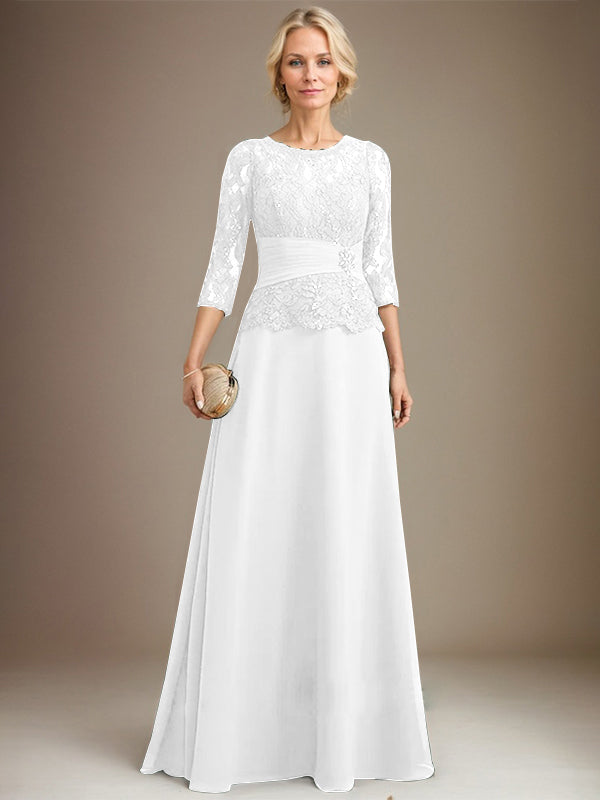 Vestido de gasa con encaje, corte A, ilusión, largo hasta el suelo, para madre de la novia, con lentejuelas plisadas y abalorios