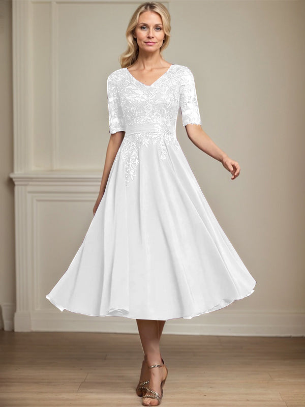 Vestido de gasa con encaje y lentejuelas para madre de la novia, corte A, escote en V y largo hasta la rodilla