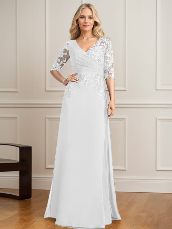 Vestido de madre de la novia de gasa con encaje, escote en V y lentejuelas plisadas hasta el suelo