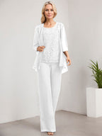 Vestido de madre de la novia de gasa con encaje, largo hasta el suelo, con lentejuelas y mono/pantalón separado
