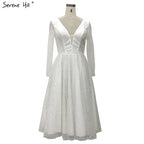 On Sale no return no refundSale White Brown Deep-V Long Sleeves Sexy Cocktail Dresses Glitter A-Line Tea-Length Cocktail Dress 2025 LA70267