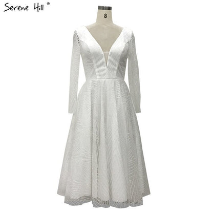 On Sale no return no refundSale White Brown Deep-V Long Sleeves Sexy Cocktail Dresses Glitter A-Line Tea-Length Cocktail Dress 2025 LA70267