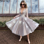 On Sale no return no refundSale White Brown Deep-V Long Sleeves Sexy Cocktail Dresses Glitter A-Line Tea-Length Cocktail Dress 2025 LA70267