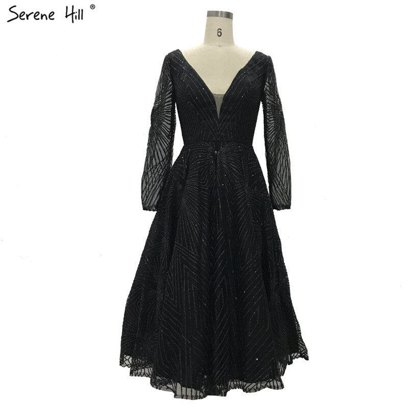 On Sale no return no refundSale White Brown Deep-V Long Sleeves Sexy Cocktail Dresses Glitter A-Line Tea-Length Cocktail Dress 2025 LA70267