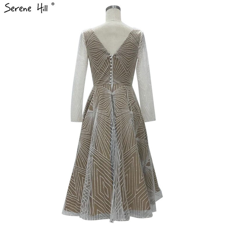 On Sale no return no refundSale White Brown Deep-V Long Sleeves Sexy Cocktail Dresses Glitter A-Line Tea-Length Cocktail Dress 2025 LA70267