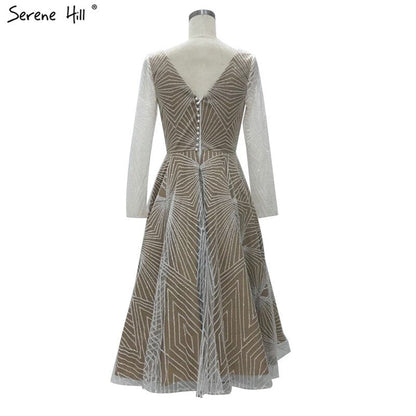 On Sale no return no refundSale White Brown Deep-V Long Sleeves Sexy Cocktail Dresses Glitter A-Line Tea-Length Cocktail Dress 2025 LA70267