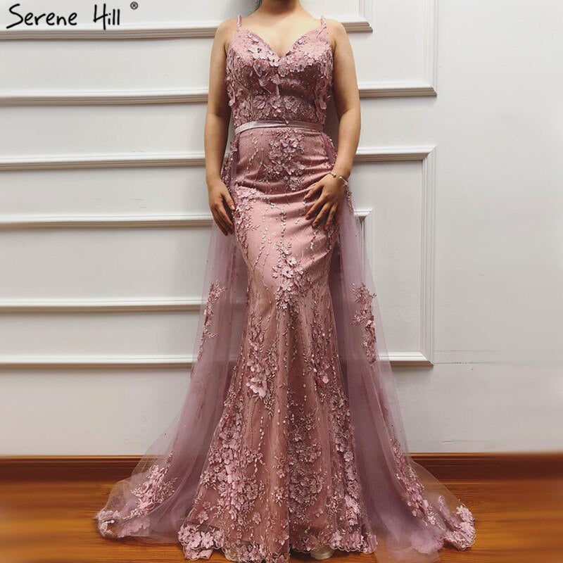 White Handmade Flower Pearl Sexy Evening Dresses 2025 Sleeveless Mermaid Luxury Lace Formal Dress Real Photo LA60711