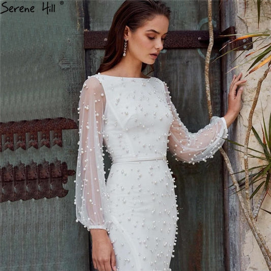 White Long Sleeve Pearls Mermaid Evening Dresses Design 2025 Dubai O-Neck Sexy Tulle Formal Dress LA60995