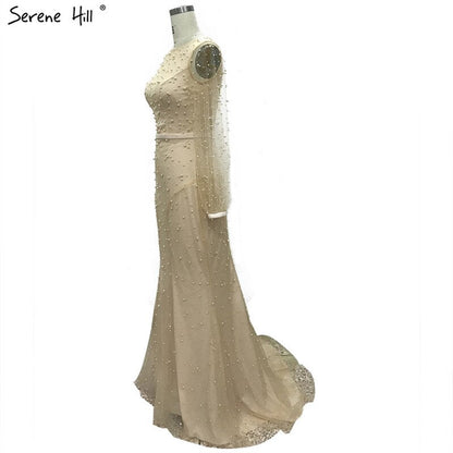 White Long Sleeve Pearls Mermaid Evening Dresses Design 2025 Dubai O-Neck Sexy Tulle Formal Dress LA60995