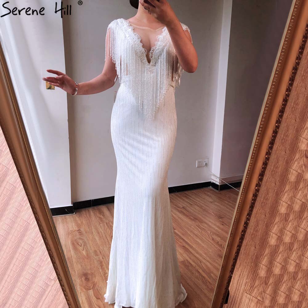 Weiß Luxus Perlen Quaste Elegante Abendkleider 2025 Flügelärmeln Meerjungfrau Für Frauen Hochzeit Party LA70571 