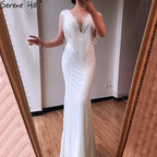 Weiß Luxus Perlen Quaste Elegante Abendkleider 2025 Flügelärmeln Meerjungfrau Für Frauen Hochzeit Party LA70571 