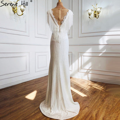 White Luxury Beaded Tassel Elegant Evening Dresses 2025 Cap Sleeve Mermaid For Women Wedding Party LA70571
