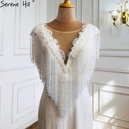 White Luxury Beaded Tassel Elegant Evening Dresses 2025 Cap Sleeve Mermaid For Women Wedding Party LA70571