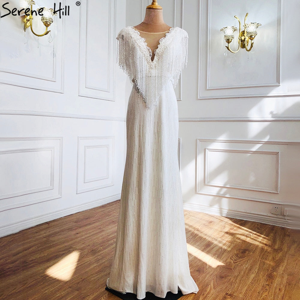 Weiß Luxus Perlen Quaste Elegante Abendkleider 2025 Flügelärmeln Meerjungfrau Für Frauen Hochzeit Party LA70571 