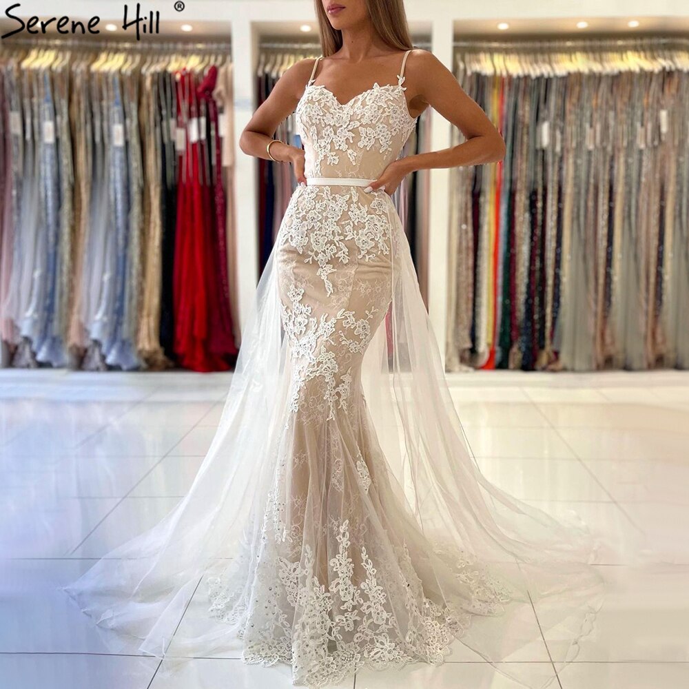White Nude Spaghetti Strap Evening Dressese Gowns 2025 Mermaid Elegnat Lace For Women Party LA60731A