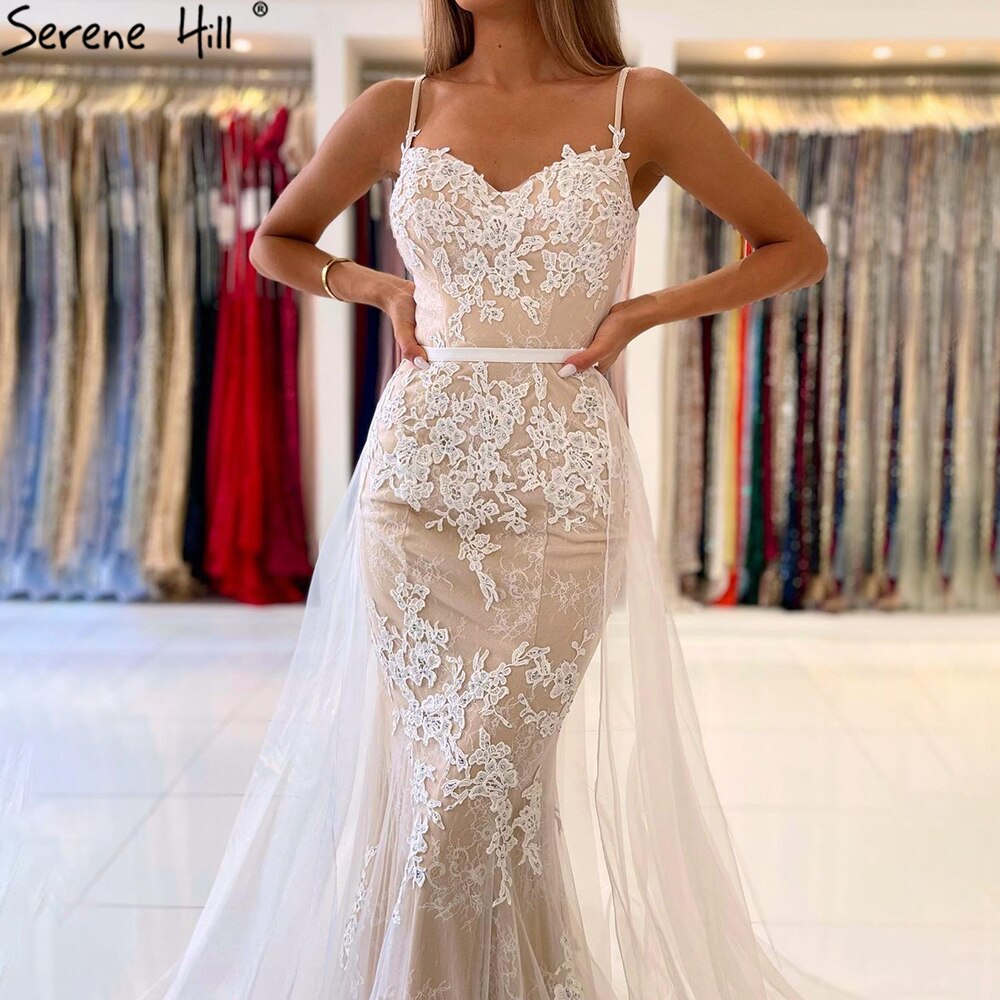 Vestido de noche blanco nude con tirantes finos, elegante vestido de sirena con encaje para mujer, fiesta LA60731A 