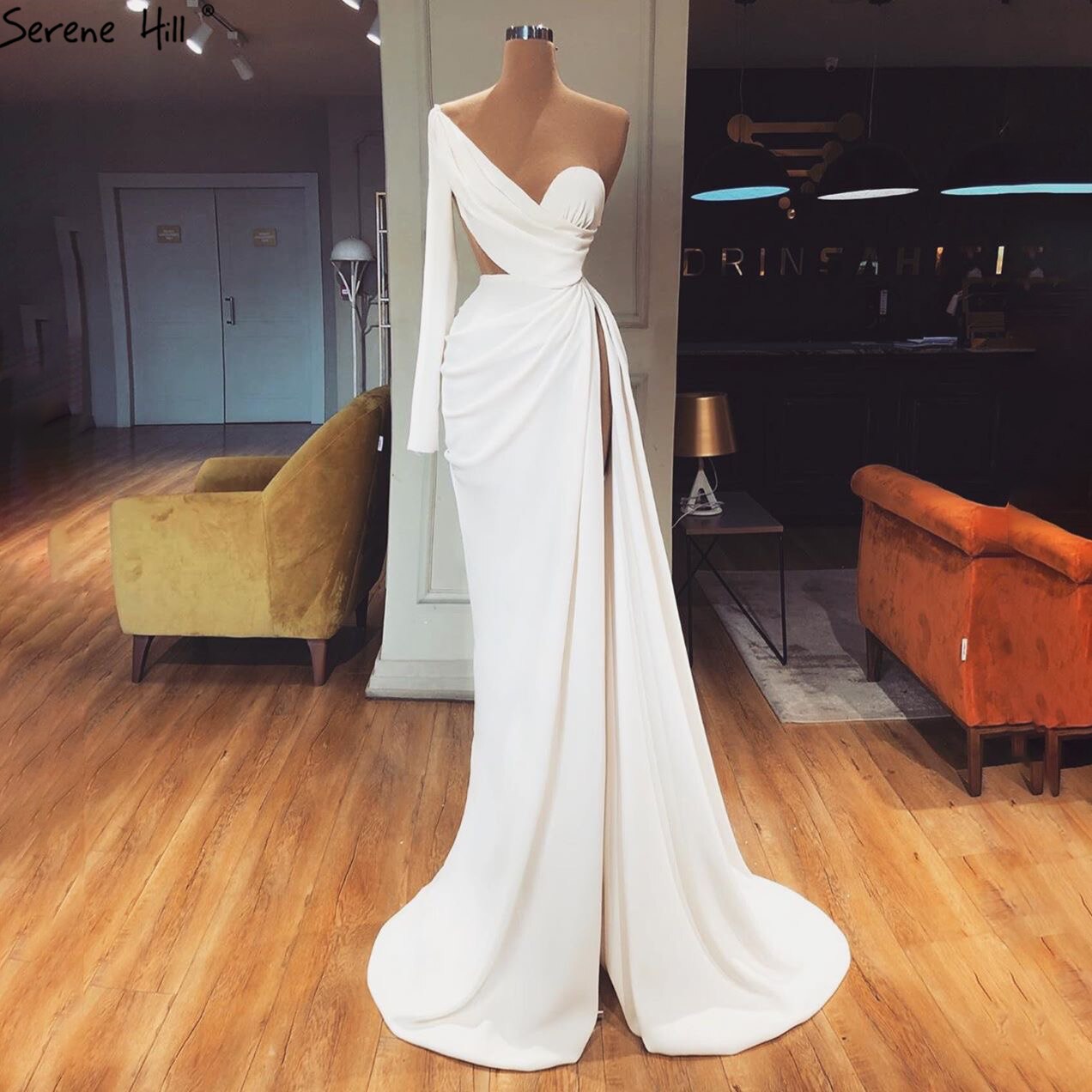 Vestido de noche blanco de un solo hombro, manga larga, satén, corte sirena, sencillo, sexy, formal, LA70327 