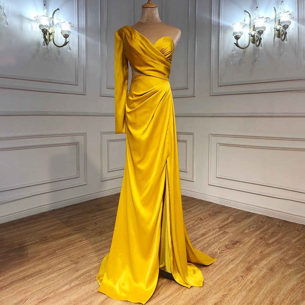 White One Shoulder Long Sleeves Evening Dress 2025 Satin Mermaid Simple Sexy Formal Dress LA70327