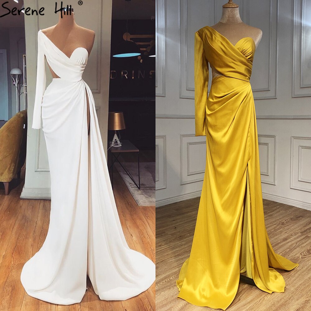 Vestido de noche blanco de un solo hombro, manga larga, satén, corte sirena, sencillo, sexy, formal, LA70327 