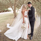 White Plus Size A Line Satin Strapless Wedding Dress V Neck Pleats High Side Slit Floor Length Bride Gowns Bridal Dres-payinti