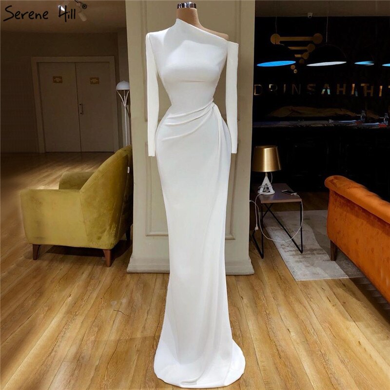 En oferta, sin devolución ni reembolso. Vestidos de fiesta sencillos de satén blanco con mangas largas, corte sirena, elegantes, LA70298. 