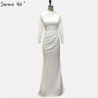En oferta, sin devolución ni reembolso. Vestidos de fiesta sencillos de satén blanco con mangas largas, corte sirena, elegantes, LA70298. 