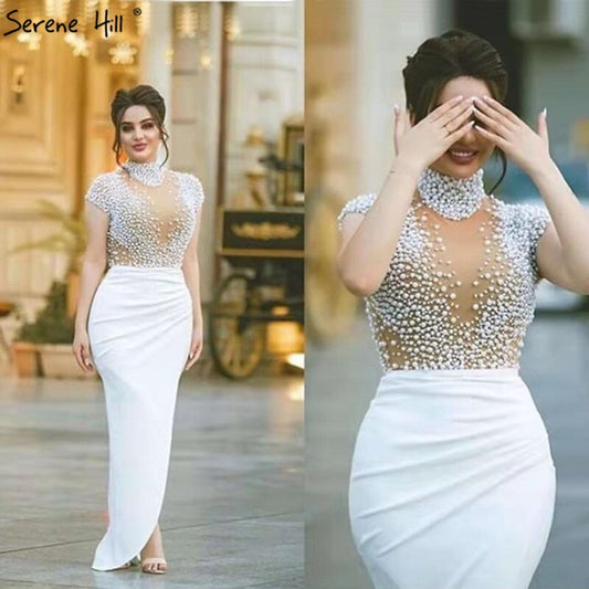 White Short Sleeves Mermaid Evening Dresses Design 2025 High Neck Pearls Beading Evening Gowns LA70207