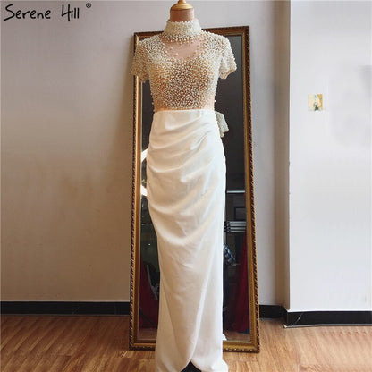 White Short Sleeves Mermaid Evening Dresses Design 2025 High Neck Pearls Beading Evening Gowns LA70207