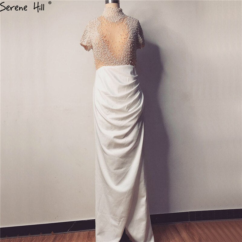 White Short Sleeves Mermaid Evening Dresses Design 2025 High Neck Pearls Beading Evening Gowns LA70207