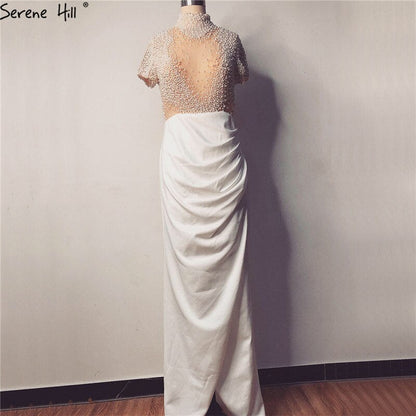 White Short Sleeves Mermaid Evening Dresses Design 2025 High Neck Pearls Beading Evening Gowns LA70207