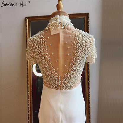 White Short Sleeves Mermaid Evening Dresses Design 2025 High Neck Pearls Beading Evening Gowns LA70207