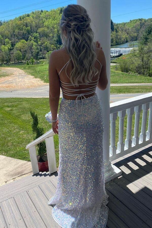 Vestido de fiesta largo con lentejuelas blancas, corte sirena, espalda descubierta, PSK357