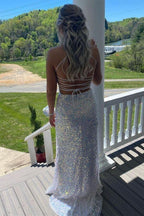 Vestido de fiesta largo con lentejuelas blancas, corte sirena, espalda descubierta, PSK357