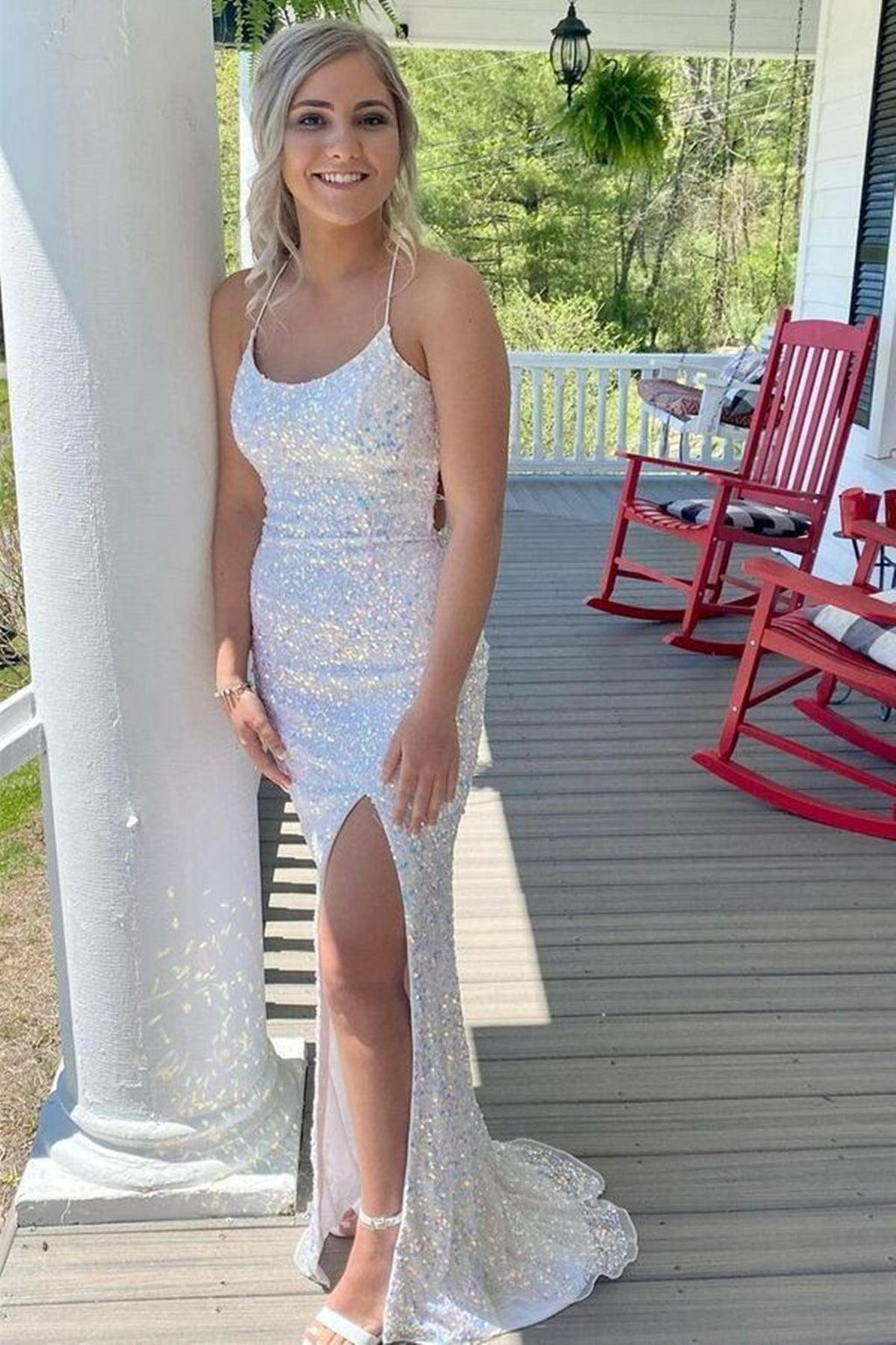 Vestido de fiesta largo con lentejuelas blancas, corte sirena, espalda descubierta, PSK357